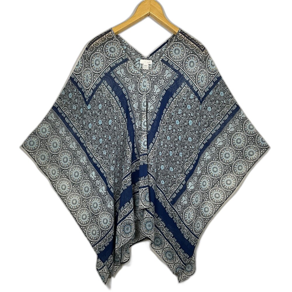 J. Jill Blue Poncho Top Paisley Floral Beachy Fairycore Semi Sheer Size One Size